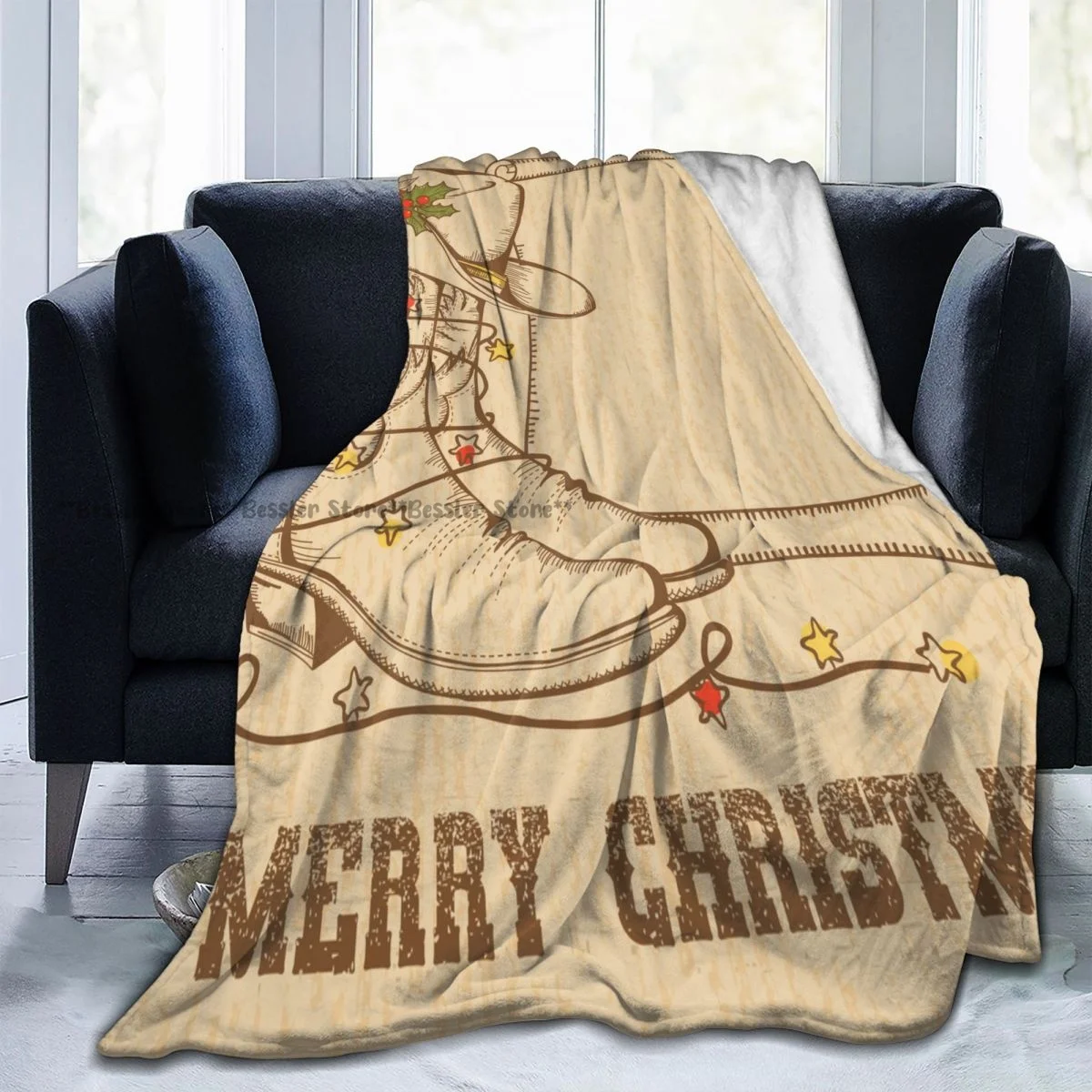 Soft Blanket Western Christmas With Cowboy Traditional Boots Scroll Winter Sofa Throw Light Thin Mechanical Wash Flannel Blanket