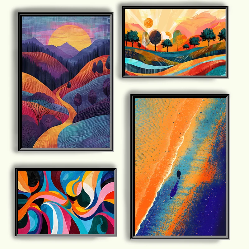 （2D Canvas painting） Colorful Geometric Abstract Landscape Beach Mountain Range Poster Expressionistic Landscape Home Room De