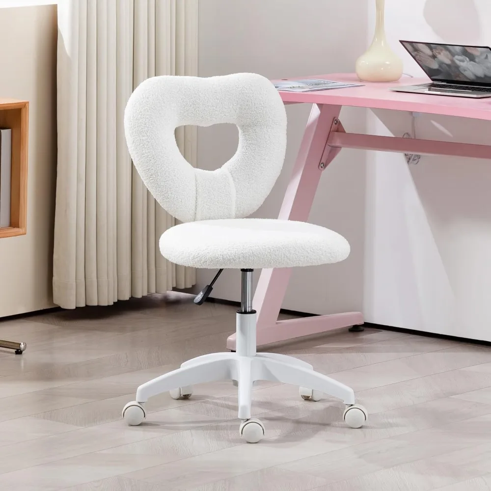 

Armless Cute Office Chair with Adjustable Height, Modern Teddy Wool Heart Shaped Dressing Chair with Swivel Wheels