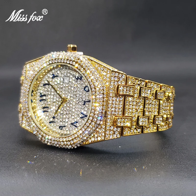 Luxury Quartz Watch For Men Gold Full Diamond Iced Out Big Man Wristwatches Calendar Waterproof Watches Gift Male Dropshipping