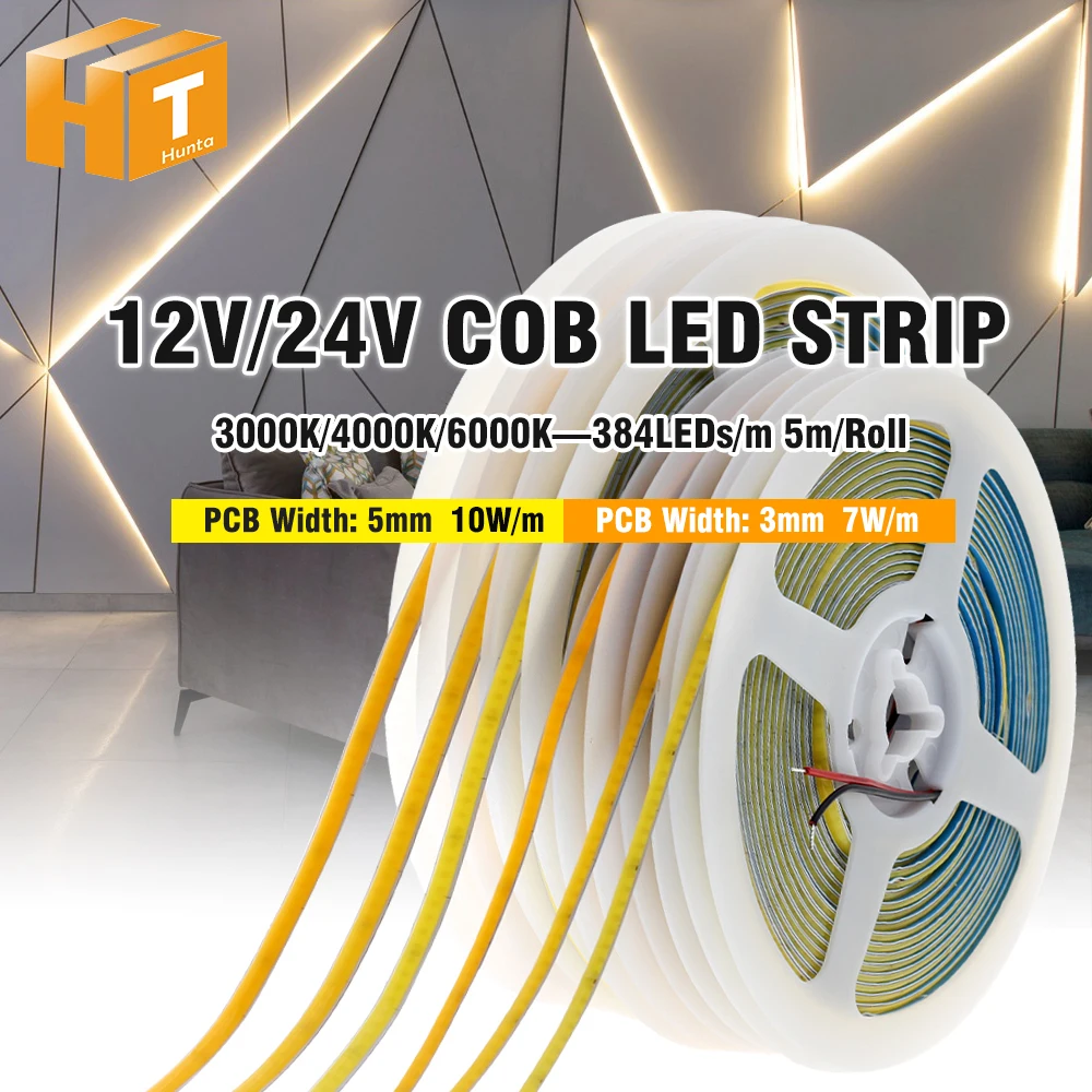 

COB LED Strip High Brightness 12V 24V 3000K 4000K 6000K 384LEDs/m High Flexible LED Light