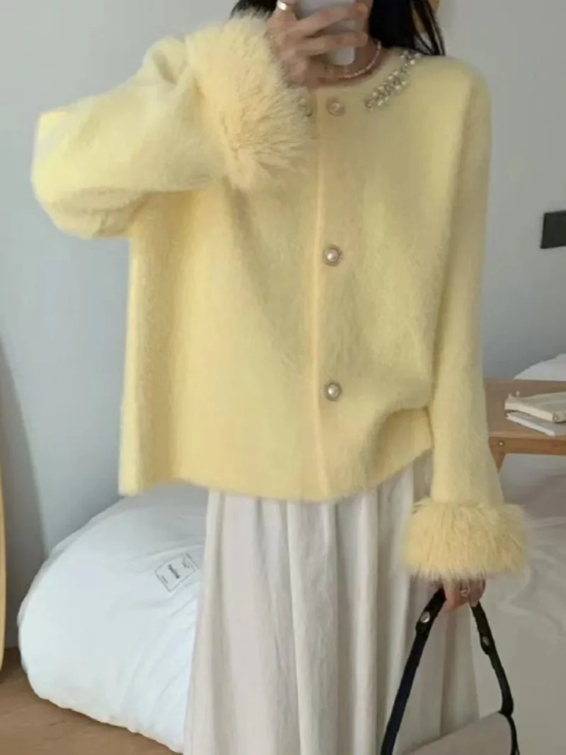 Imitação de vison veludo malha cardigan 2025 outono e inverno novas senhoras frisado camisola casaco feminino manga longa pele cardigan