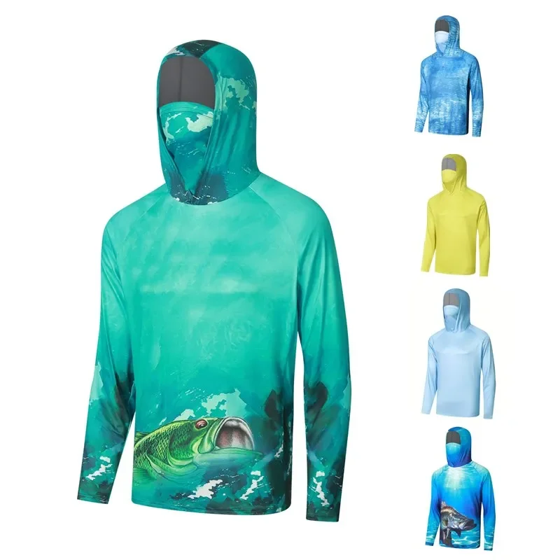 Fishing Shirts  Men's Hooded Face Cover Fishing Clothes Summer Long Sleeve Sun Protection Camouflage Fishing T-Shirts