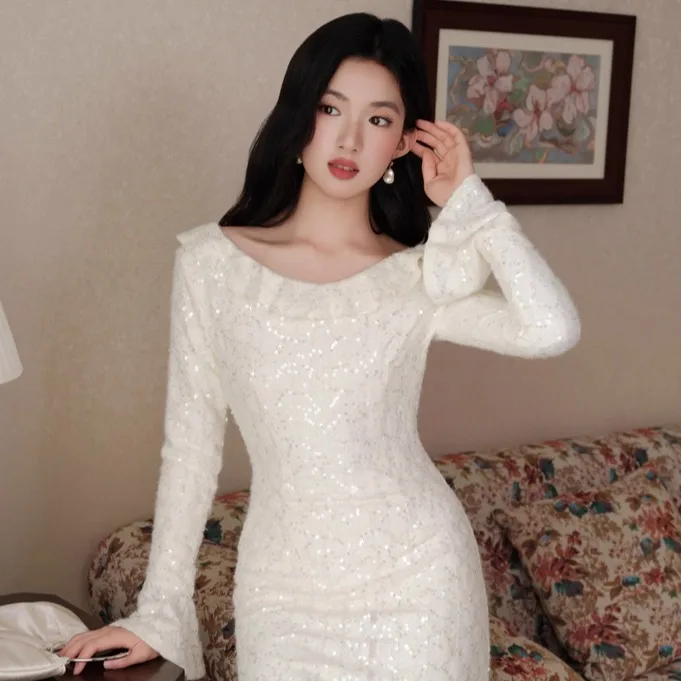 

Белый облегающий вечерний комплект с пайетками и флисовой подкладкой: платье с хлопковым жакетом, высокая талия, длинный рукав, повседневный зимний модный комплект для женщин