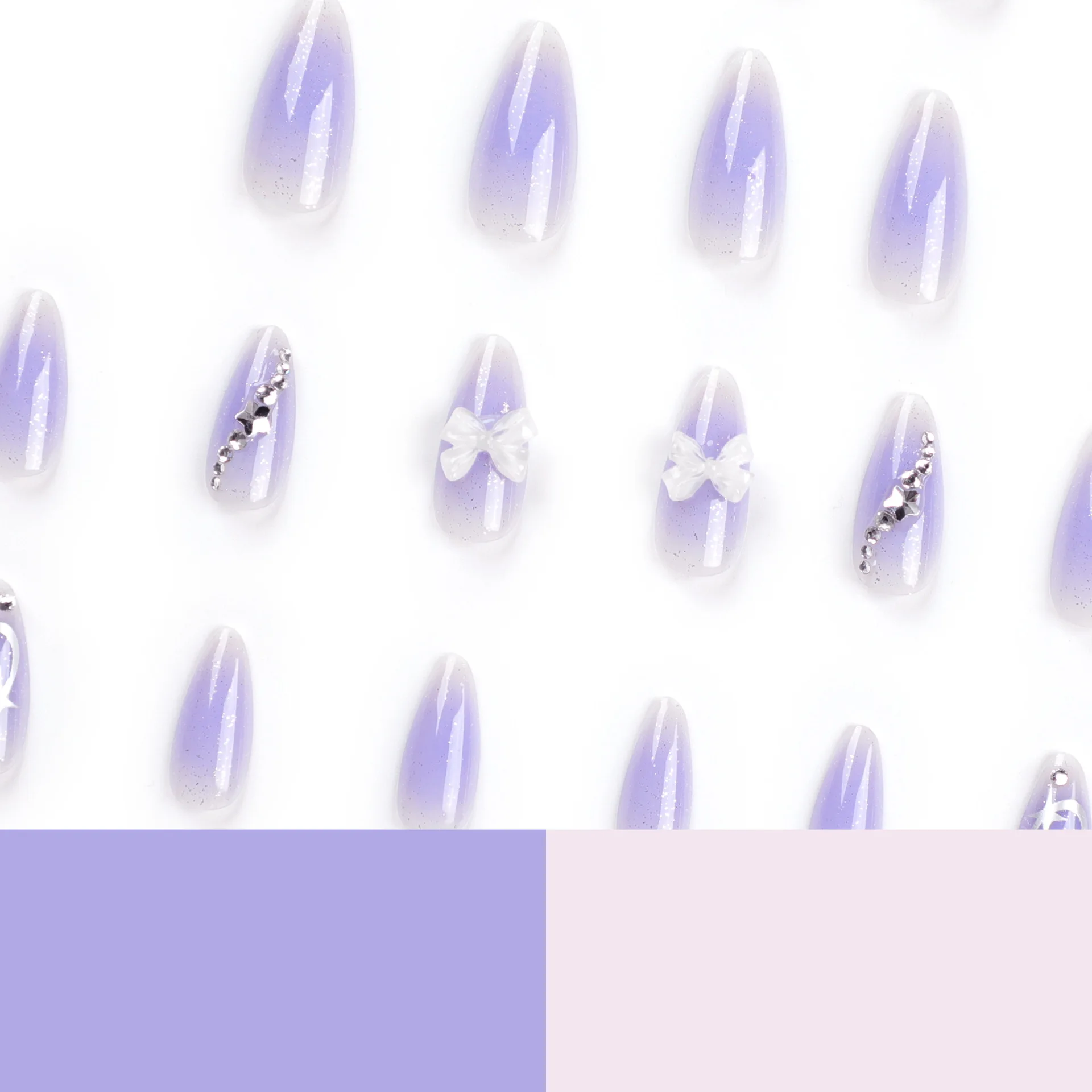 Wearable Silver Stripes Long Almond Nails Fake Y2k Nails Press On False Nails Stars Diamond Decoration Purple Nail Tips Finished