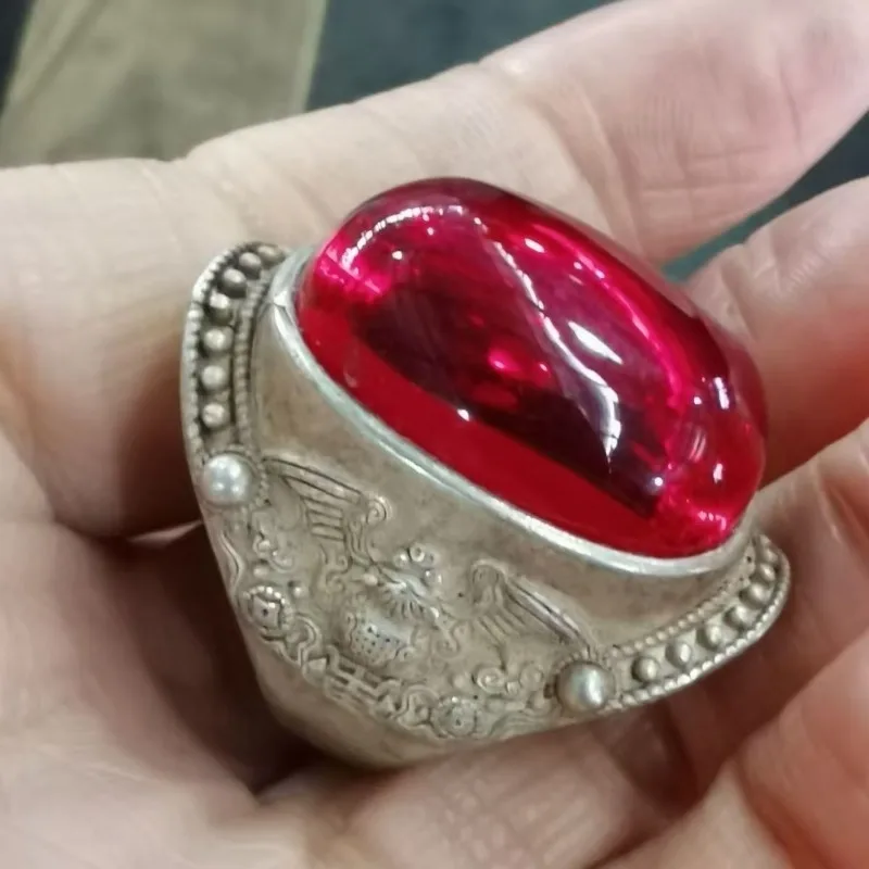

Vintage Ruby Inlaid Open Silver Ring, Blessing Pattern Design, Adjustable Plated Silver Thumb Ring Jewelry
