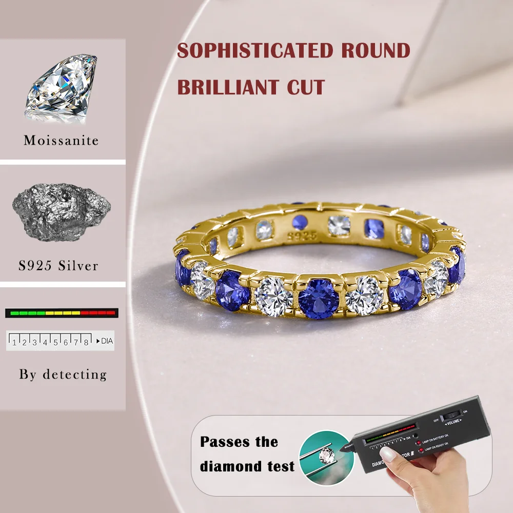 3mm Elegant 18K Gold-Plated Eternity Band Featuring Stunning Synthetic Sapphire and Brilliant Moissanite Stones for Timeless