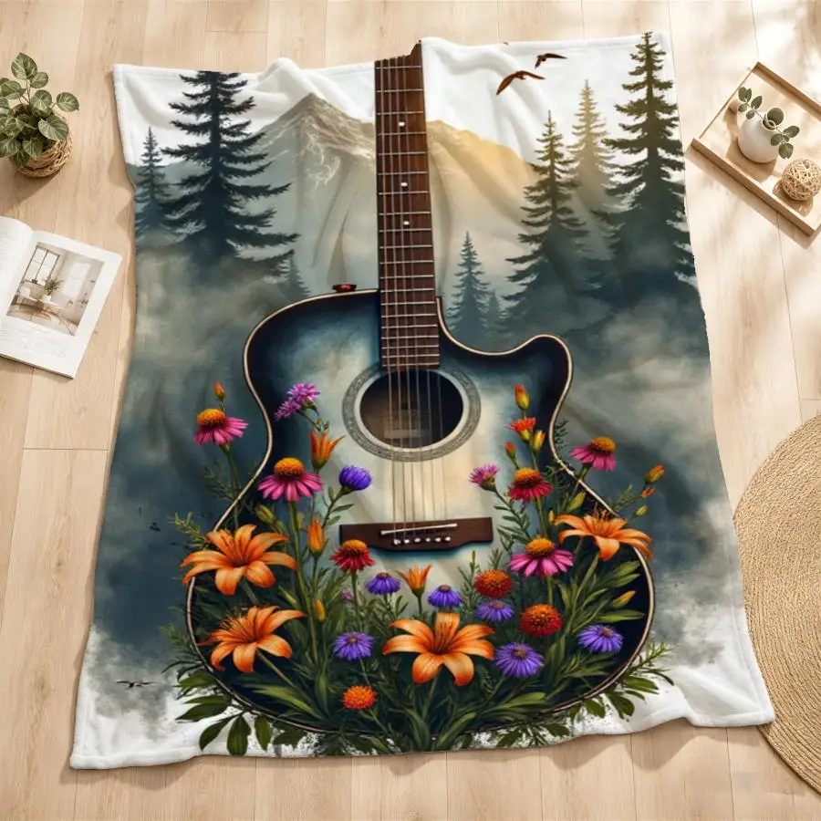 Artistic Guitar And Forest Double Exposure Flannel Throw - Soft Warm Blanket with Mountain, Pine, And Wildflower Design for Couch, Bed, Office & Travel, Perfect Gift for Music Lovers, 2D Flat Weighted Blanket 280GS