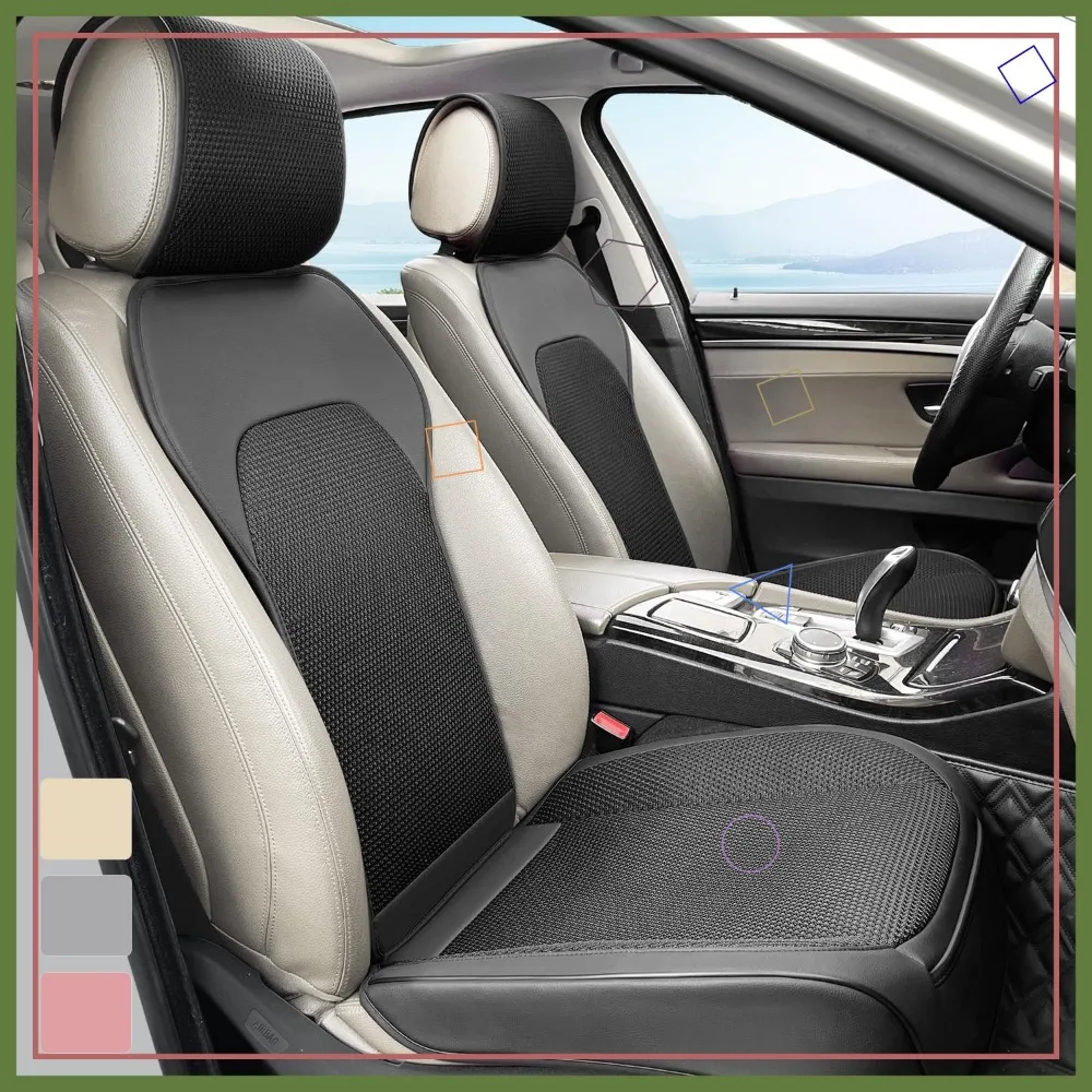 

2-Pack Breathable Car Seat Covers with Steering Wheel Cover, 3D Ice Silk Fabric & Leather Protectors for All Seasons