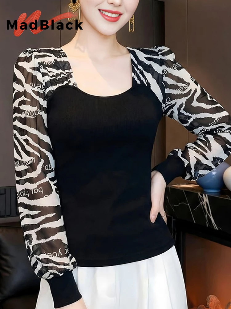 

MadBlack-Женская европейская футболка, сексуальный лоскутный принт с квадратным воротником, уличная футболка с пышными рукавами, тонкая футболка S-3XL, весна 2026 T5D803CC