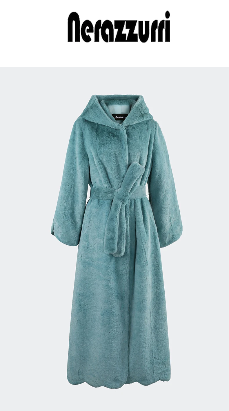 Nerazzurri Autumn Winter Extra Long Luxury Elegant Thick Warm Black Soft Fluffy Faux Rex Rabbit Fur Coat Women with Hood Sashes