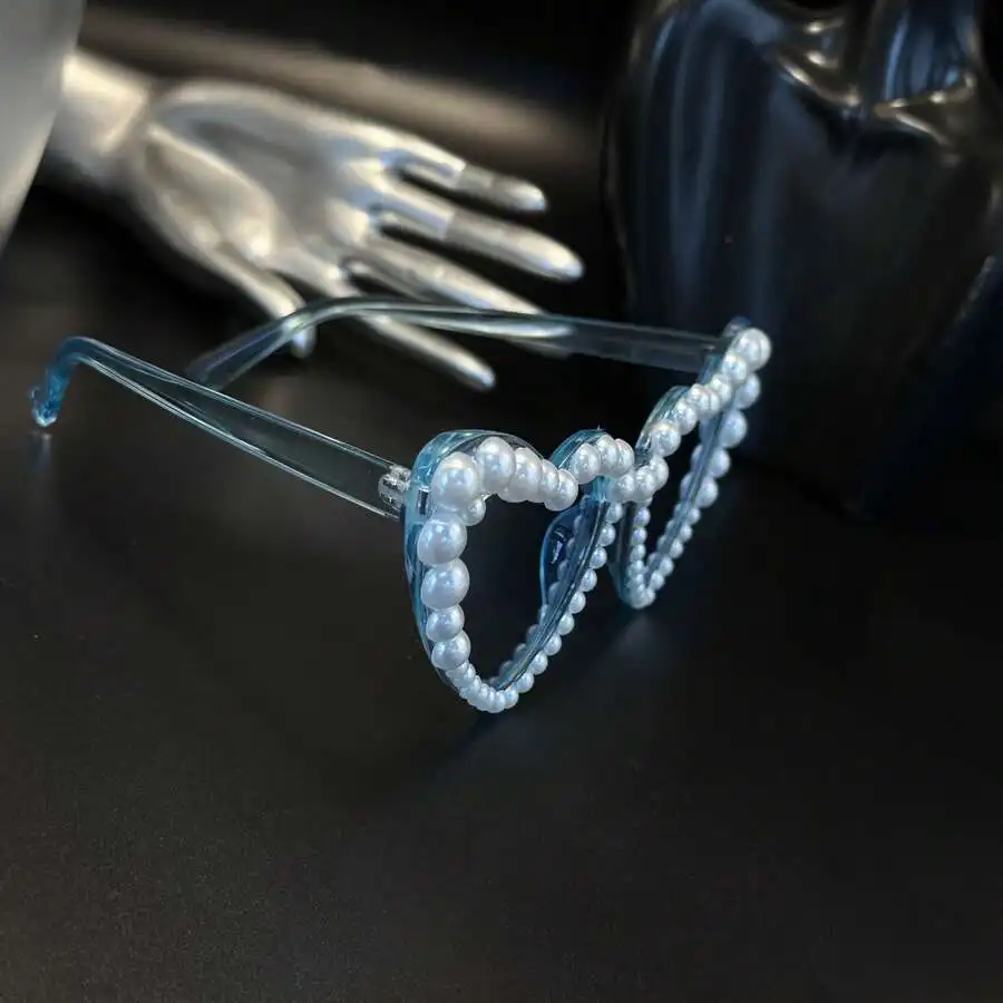 Icy Blue Heart Shaped Pearl Trim Fashion Sunglasses For Women Party Accessory view 2