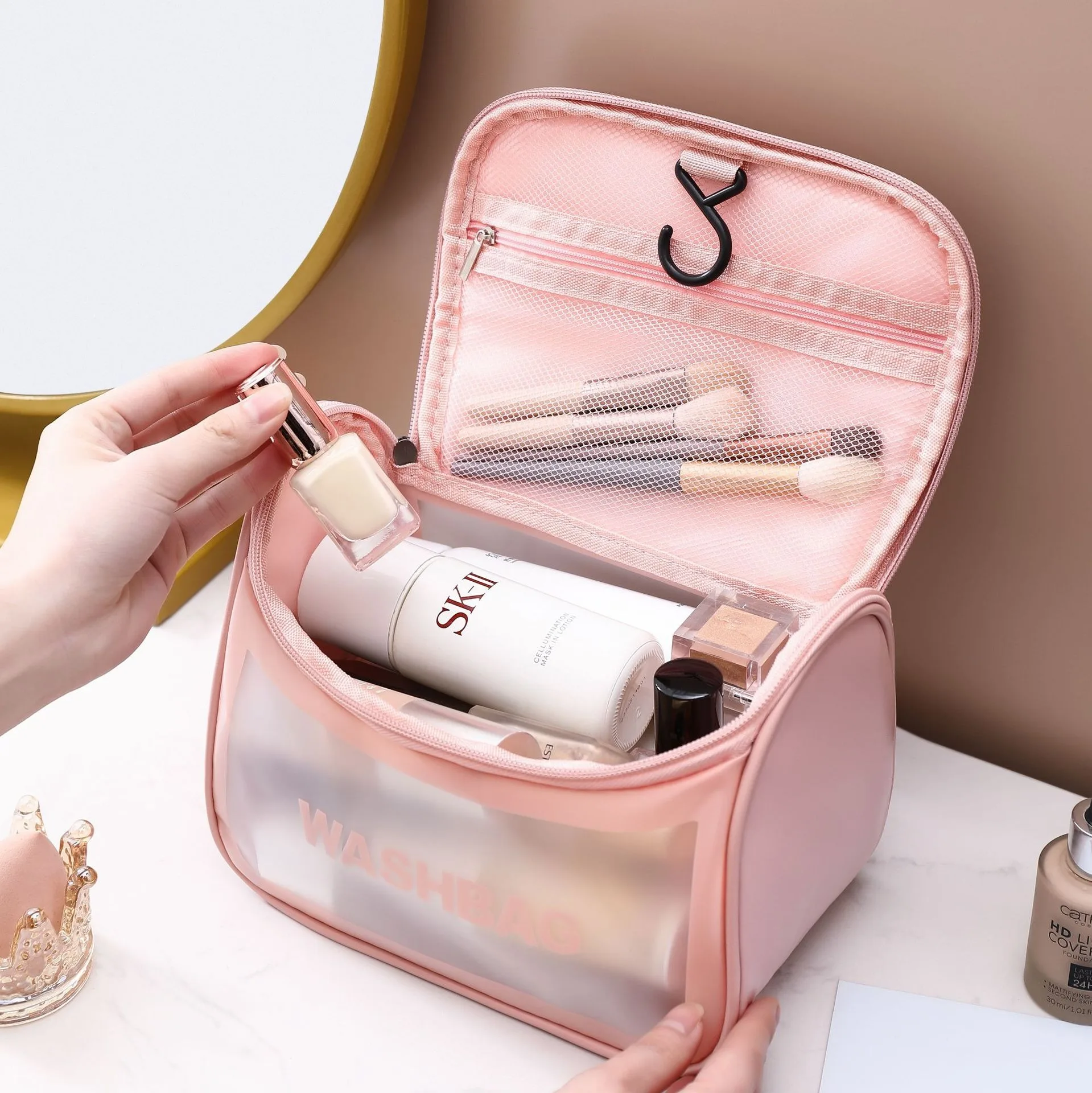 

Translucent PVC Cosmetic Bag - Makeup Bag with Zipper - Waterproof Toiletry Bag - Women Cosmetic Bag with Hanging Handles - Larg