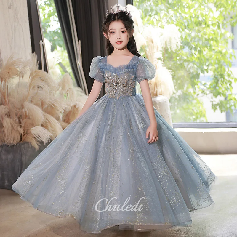 Flower Girl Dresses Bridesmaid Dresses Square Neck Floral Bubble Sleeve High Gray Birthday Princess Dresses