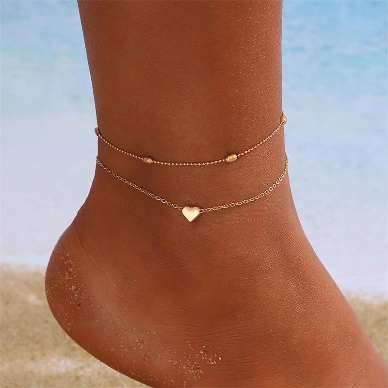 Simple Turkish Evil Eye Anklets for Women Love Heart Double Layer Ankle Bracelets Bohemian Beach Party Barefoot Sandals Jewelry