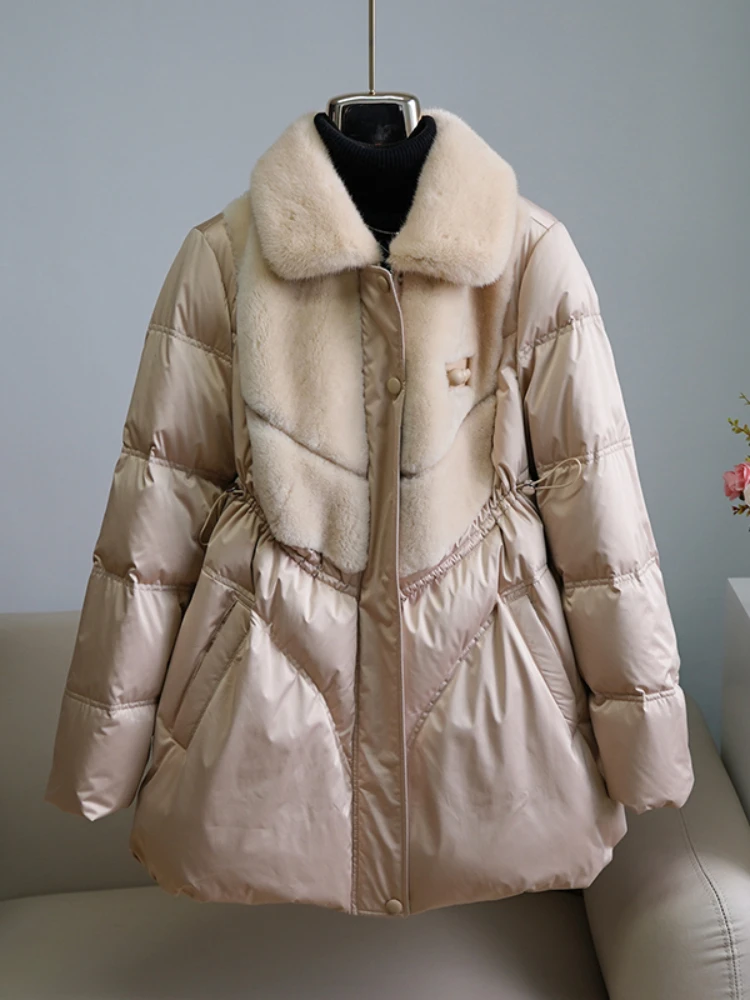 2025年 レディース 本物の毛皮コート グースダウンジャケット ファッションアウター 天然ミンクファー襟 厚手 暖かい 両面ファー 高級