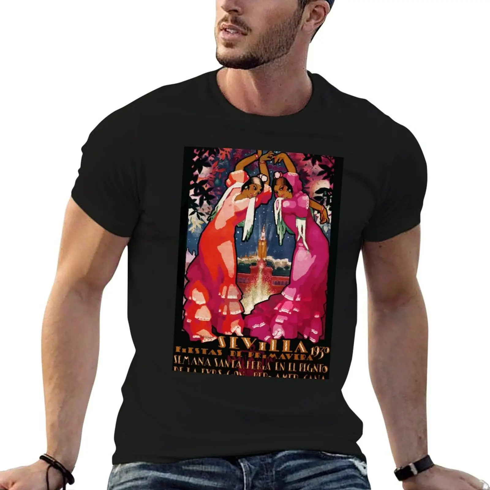 Spain 1930 Seville April Fair Travel Poster T-Shirt shirts graphic tee anime graphic tee shirt oversized t shirt men