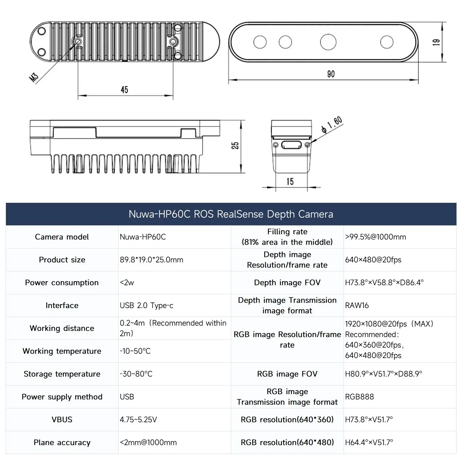 Nuwa-HP60C ROS RealSense Câmera de profundidade Módulo sensor de profundidade 3D Imagem de luz estruturada 73,8 ° FOV 0,2-4M