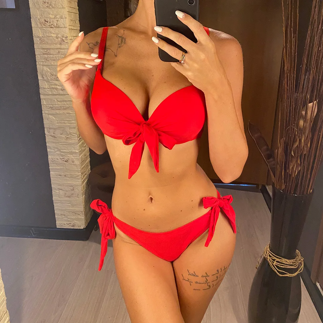 XS - XL, geknoteter Push-up-Bikini, Damen-Badeanzug, zweiteiliges Bikini-Set mit BH-Einlage, Badebekleidung, Badeanzug, Modell V3992. – Detail 2