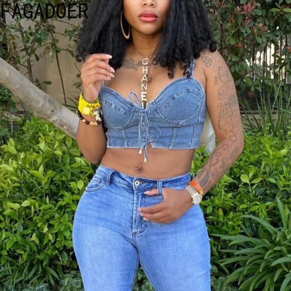 

FAGADOER Fashion Y2K Hot Girl Streetwear Women V Neck Thin Strap Sleeveless Denim Tank Tops Summer New Bandage Cowboy Vests 2024