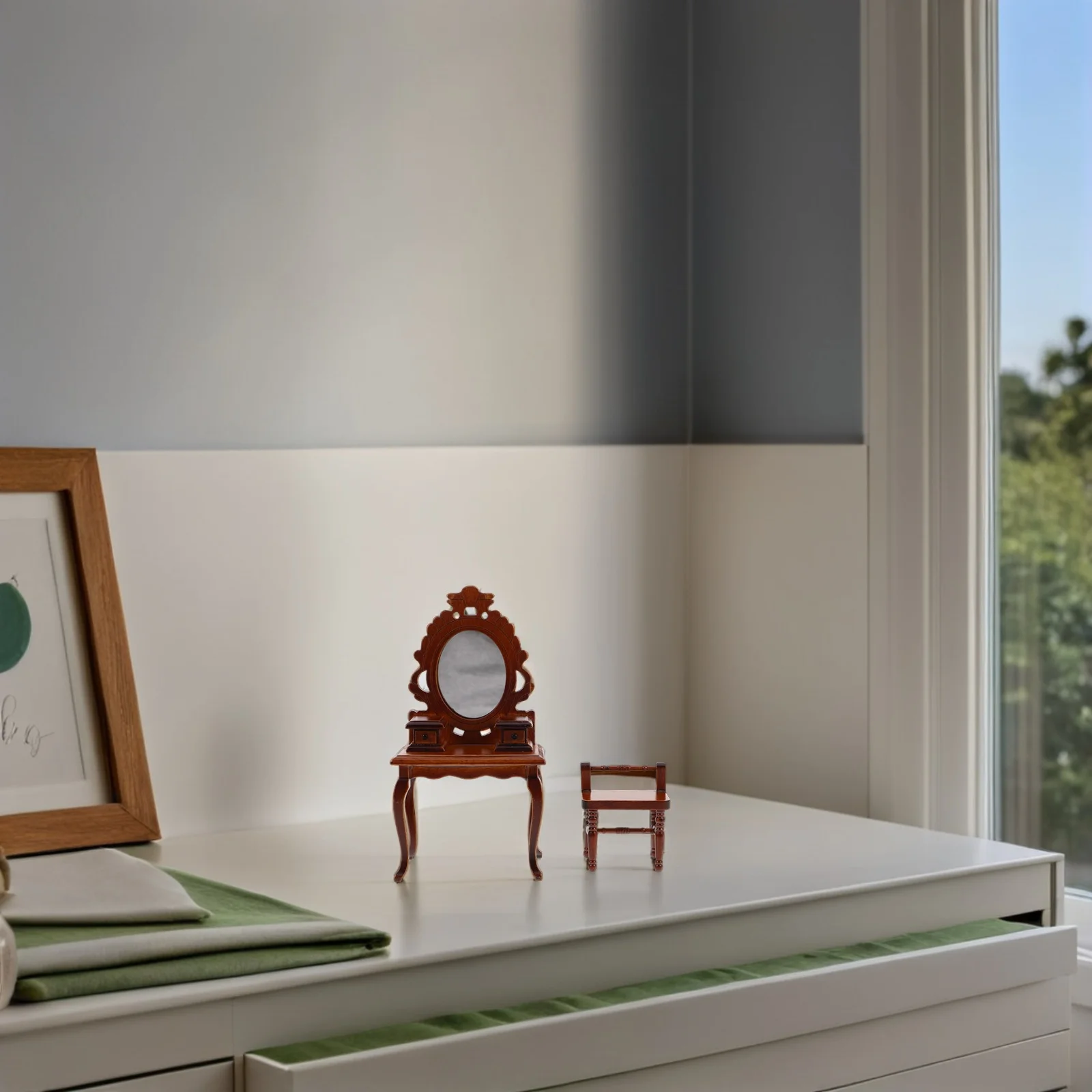 Legno 1:12 Casa delle bambole in miniatura vintage Tavolo da toeletta Specchio Sgabello Mobili per camera da letto Decorazioni creative Armadietto per casa delle bambole