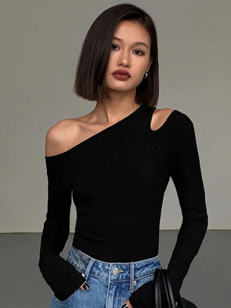 Mode Skew Kraag Off-shoulder Lange mouwen T-shirts Vrouwen Lente Nieuwe Solid Slim Fit Crop Top Sexy Hollow out Tees Shirts