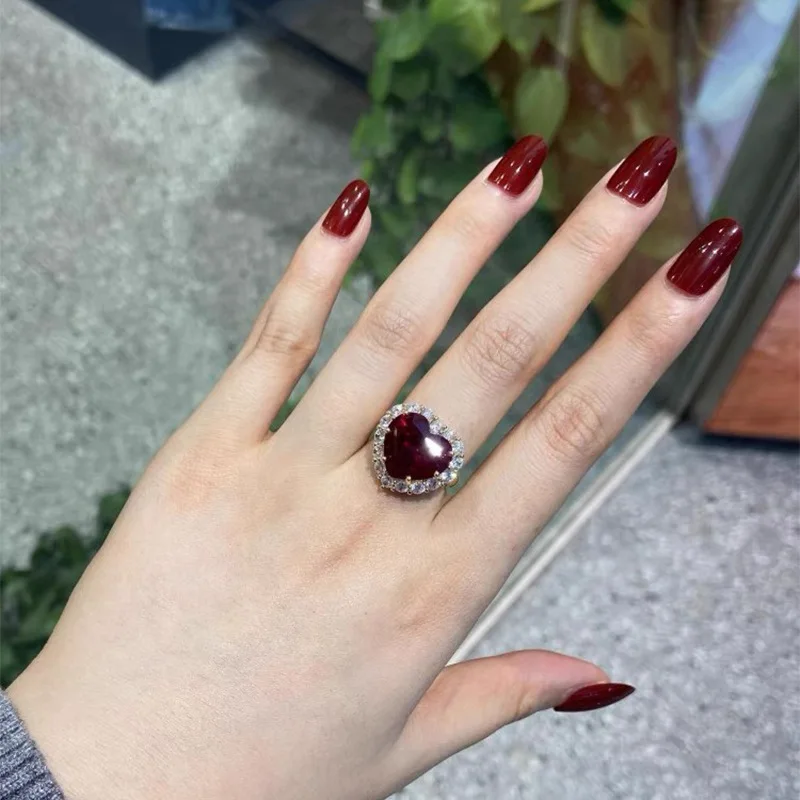 Cross-Border European and American Fashion Female with Hearts Peach Heart Ruby Ring Female Adjustable Opening High Sense Tempera