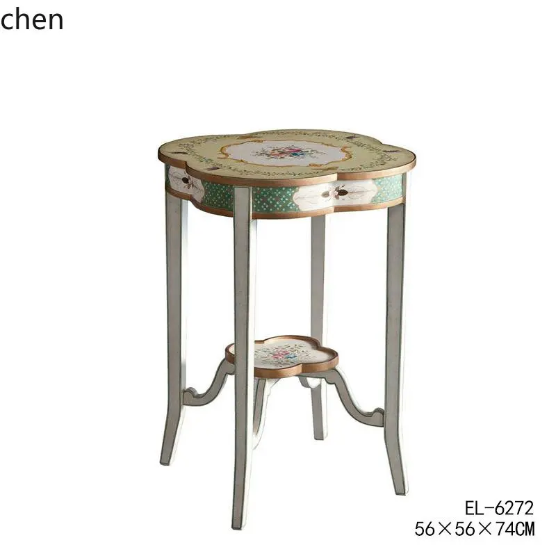 ZML coffee table - hand-painted solid birch wood, carved and gilded, plum blossom design, double-layered, green floral accent
