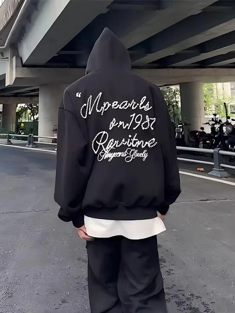 

Мужской кардиган-свитшот с жемчужной вышивкой, укороченный, весенне-осенний, плотный, износостойкий, с капюшоном, в американском стиле