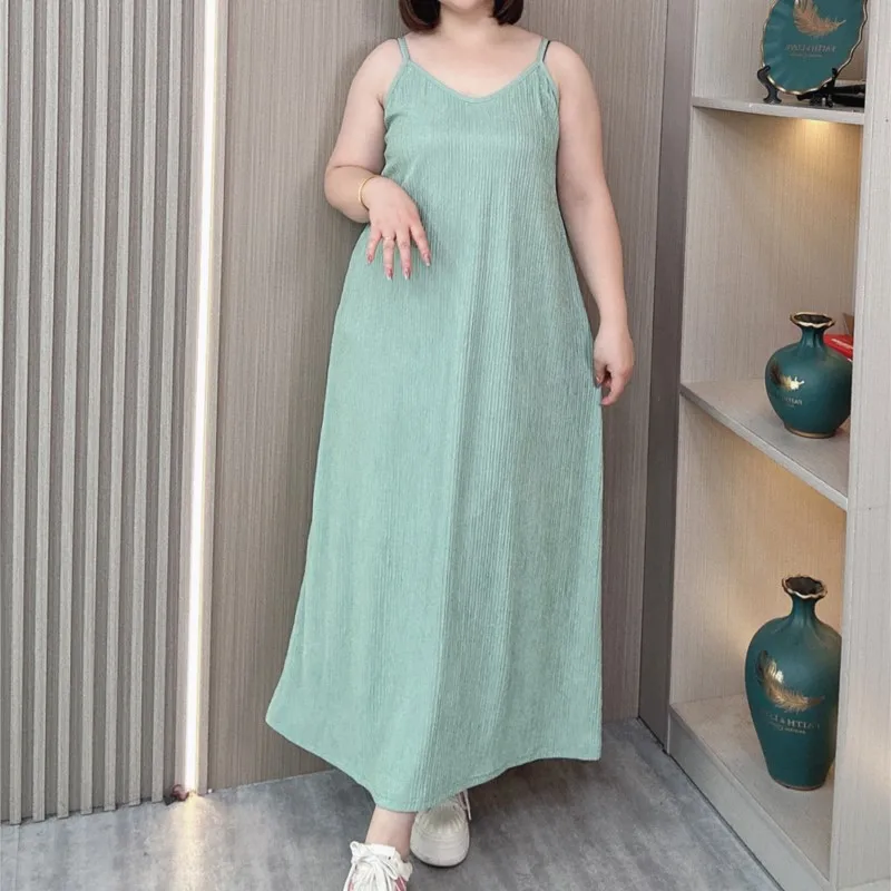 Robe trapèze longue pour femmes, grande taille, bretelles spaghetti, couleur unie, été