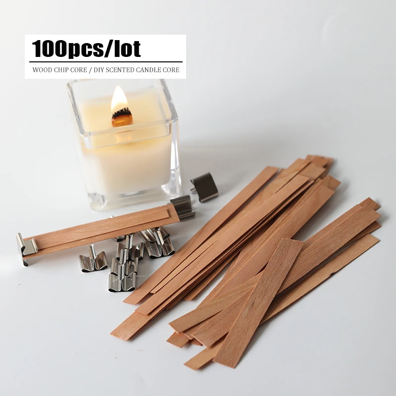 100pcs Wooden Candle Wicks Candle Making Wicks with Sustainer Tab 6~19mm Naturally Smokeless Wood Core for DIY Candle Jar Making