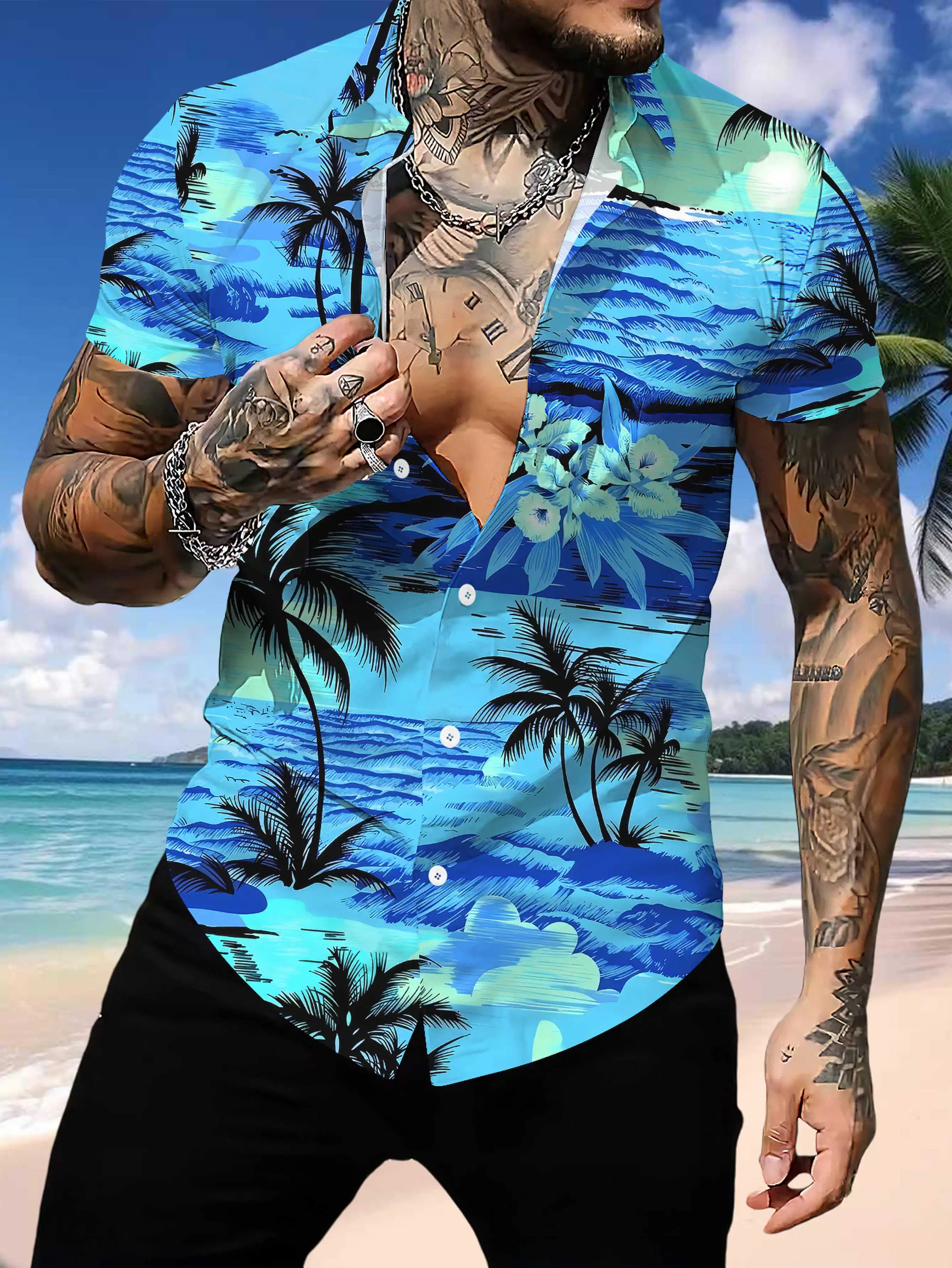 Summer Fashion Mens Hawaiian Shirts Short Sleeve Button Coconut Tree Printed Casual Beach Aloha Shirt Plus Size 5XL Hombre Ropa