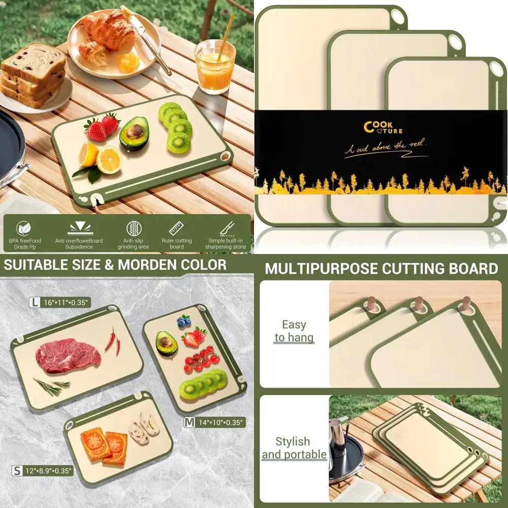 

Набор двухсторонних разделочных досок из 3 предметов с канавкой для сока, точилкой для ножей, нескользящими дисками и направляющими с маркировкой, прочным, не содержит BPA,