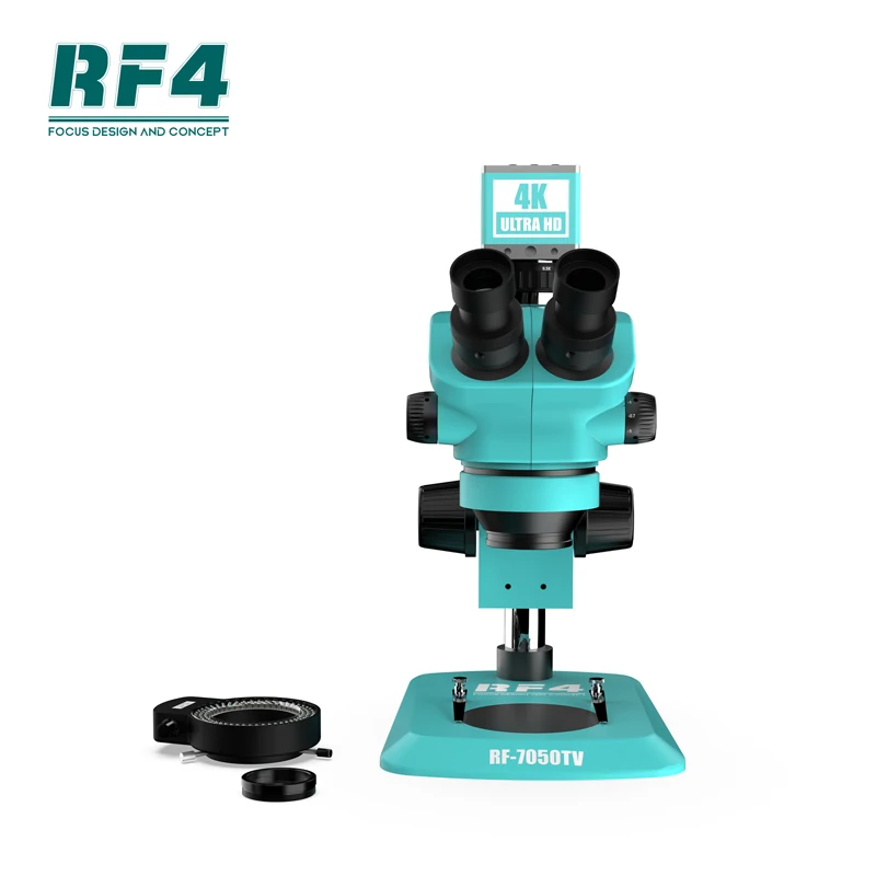 Zoom continu de la caméra 7-50X des microscopes 4KC1 industriels trinoculaires stéréo RF7050TV-4KC1 de RF4 pour la réparation électronique de soudure de carte PCB