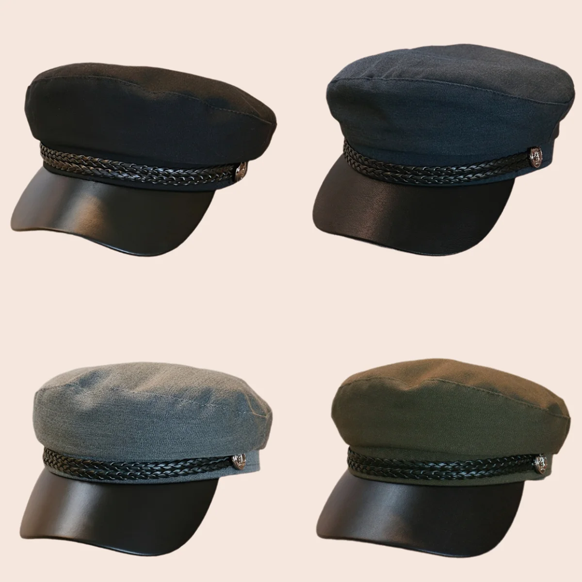 

Leather Rope Button Flat Top Hat for Woman Solid Color Military Cap Outdoor Fashion British Style Versatile Breathable Beret