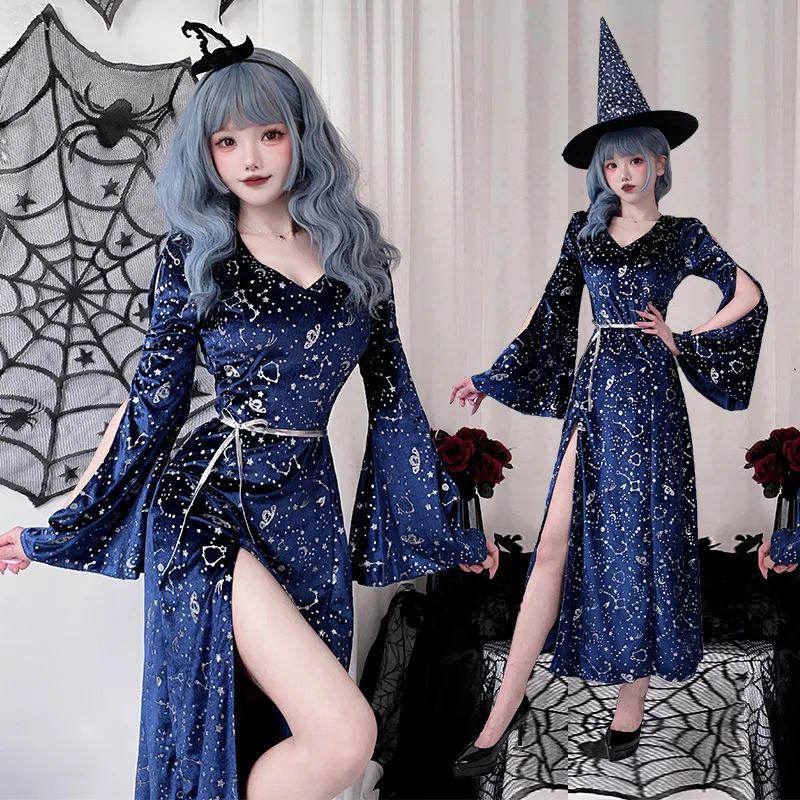 

Halloween Adult Costume Wizard Witch Slit Starry Night Vampire Witch Costume Role Play Cosplay Long Skirt