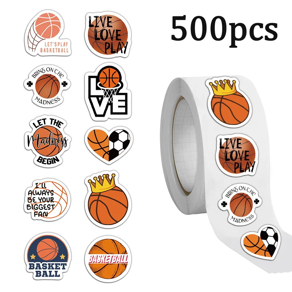 500 Pcs Basketball Stickers 1inch Self-Adhesive Sports Ball Stickers Roll for Sports Party Supplies, Team Gift, Birthday Party