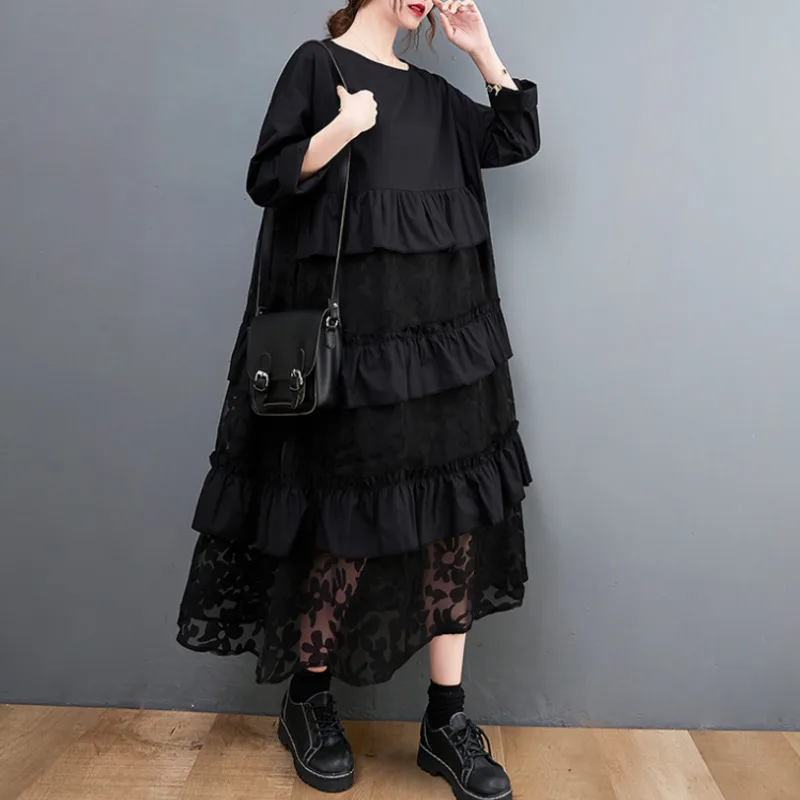 #4077 Spring Summer Black Spliced Mesh Ruffles Dresses Ladies A-line Loose O-neck Korean Style Midi Irregular Dress Long Sleeve