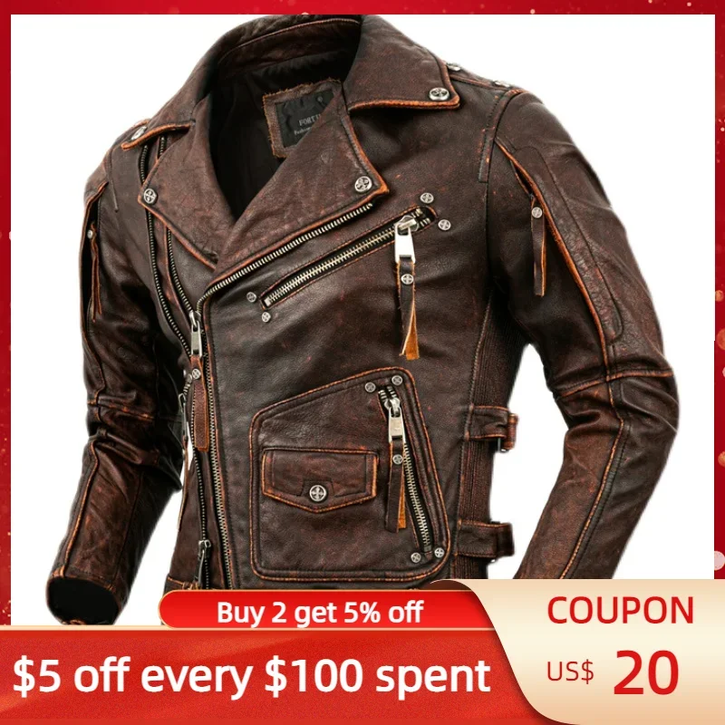 

2024 Vintage Brown Genuine Leather Jacket Men Motocycle Style Plus Size 5XL Real Natural Cowhide Autumn Slim Fit Biker Coat