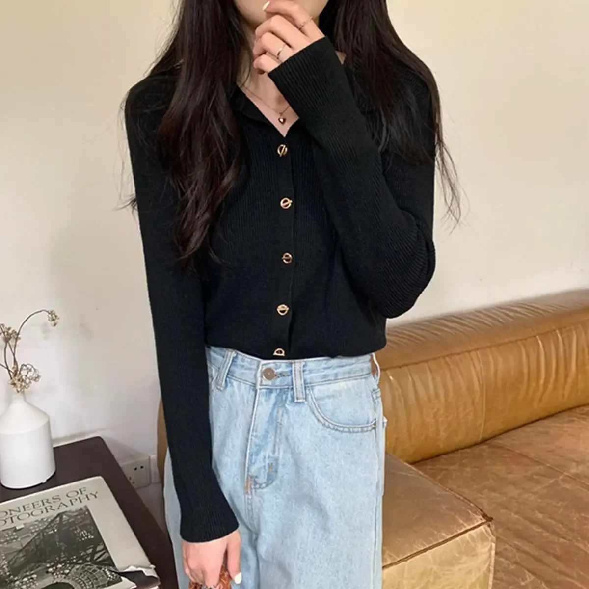 Versione coreana minimalista collo a Polo a maniche lunghe Cardigan in maglia per le donne autunno maglione sottile con scollo a v Top corto abbigliamento