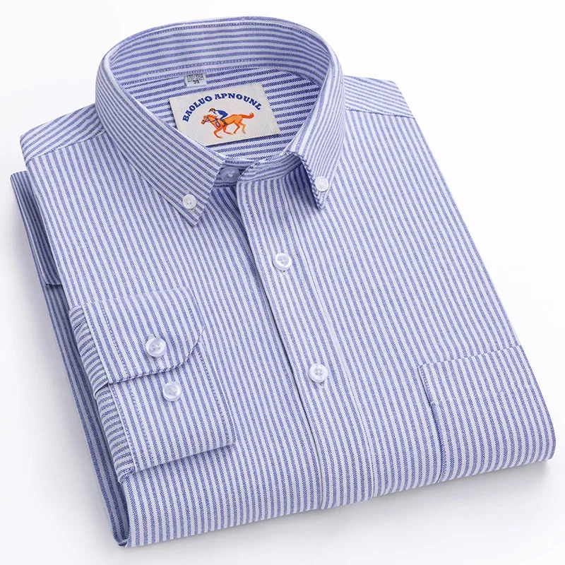 New Shirts For Men 100% Cotton Plaid Blue Color Easy Care Classic Business Smart Striped Oxford Casual  Long Sleeve Dress Shirts