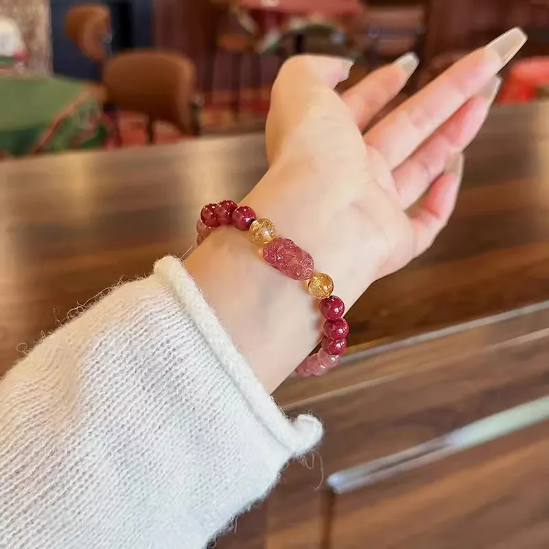 8mm Natural Crystal Strawberry Quartz Pixiu Chinese Style Lucky Wealth Blessing Fortune Handstring Bracelet Cute Gift For Women