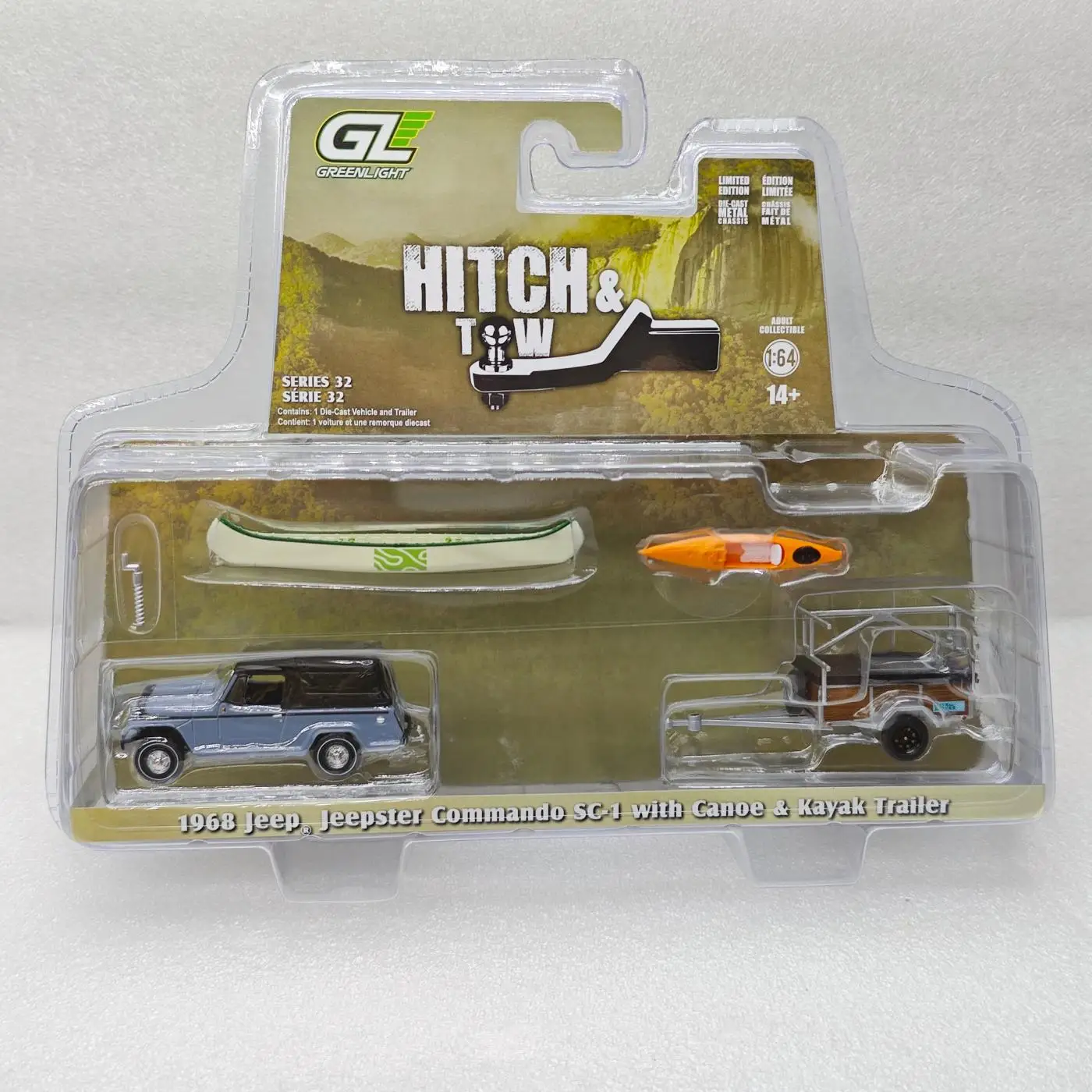 

GreenLight 1:64 H & T Series 32-1968 Jeepster Commando & Canoe & Kayak Trailer Diecast Alloy Car Model Collectible