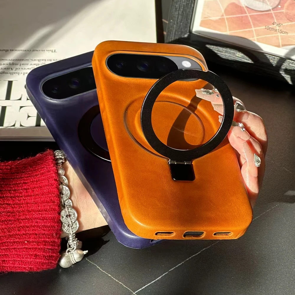 

Luxury Magnetic Ring Stand Genuine Leather Case for Google Pixel 10 9 Pro XL 8 6A 7 Pro For Magsafe Business Phone Cover Shell