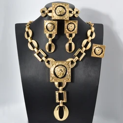 Gold Plated Jewelry Set For Women African Indian Dubai Wedding Jewellery Luxury Choker Necklace Bracelet Earring Cuff Rings
