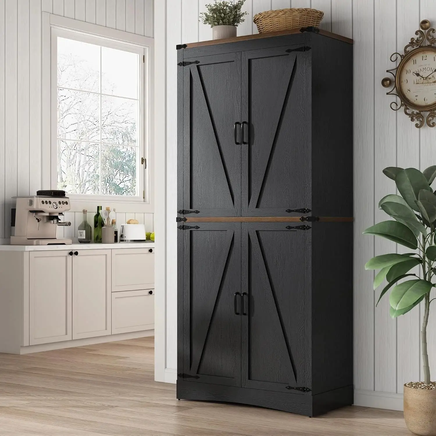 71in Farmhouse Kitchen Pantry Cabinet,Tall Storage Cabinet with 4 Doors and Adjustable shelves,with Load-Bearing Steel