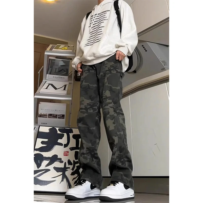 

Cleanfit Camouflage Thickened Fleece Men's Jeans High Street Style Winter Straight Leg Trousers Trendy Workwear Bootcut Pants
