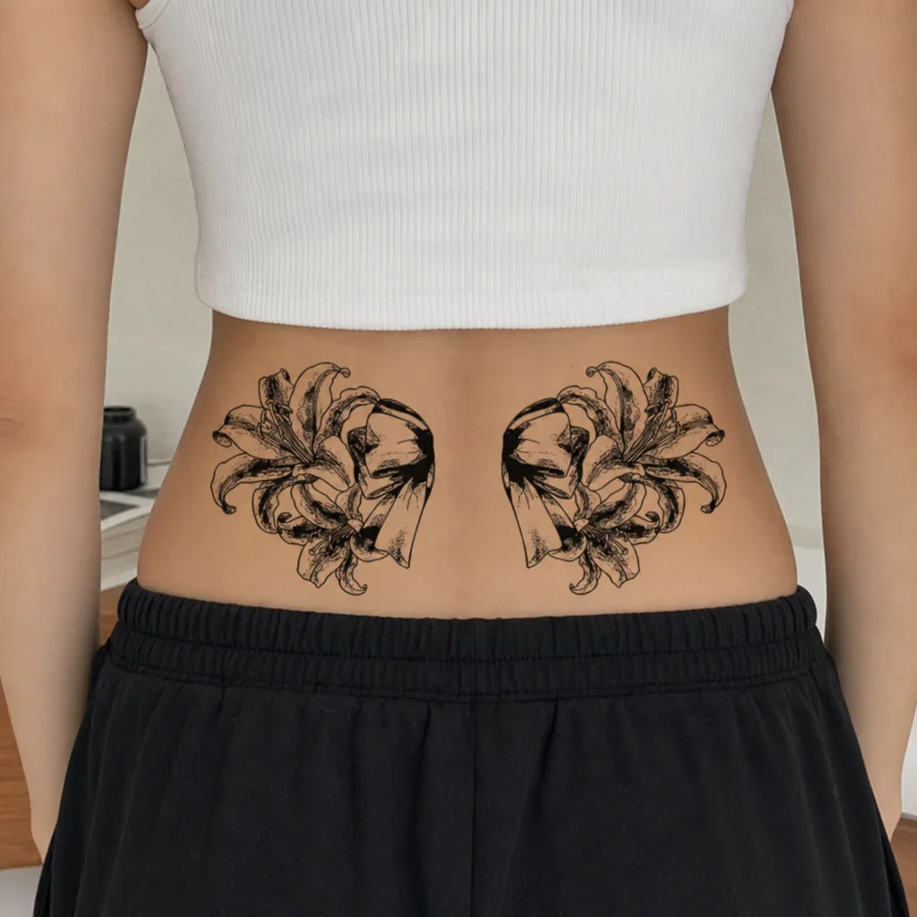 Double-Sided Floral Lily Disposable Temporary Tattoo Sticker for Hips, Waterproof, 28 x 16 cm