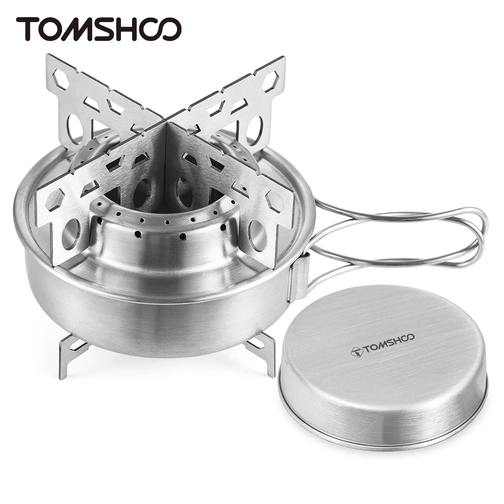 Tomshoo Portable Outdoor Stainless Steel Alcohol Stove with Foldable Handles for Camping Hiking Backpacking Picnic Survival