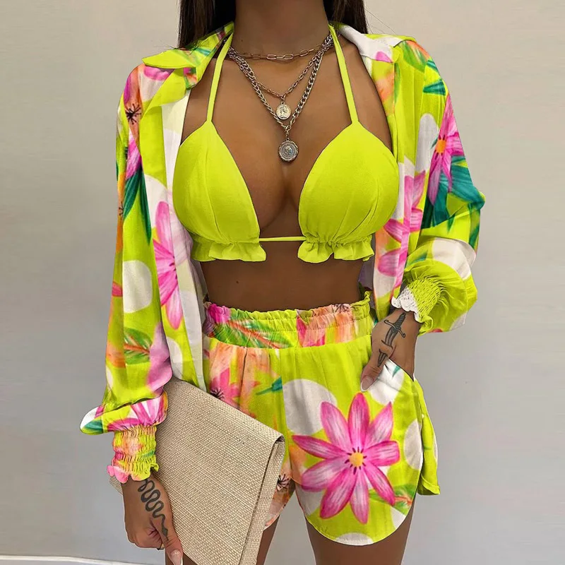 Neue 2025 Badeanzug Shorts Cover Up Sommer Drei Stück Bademode Sexy BeachWear Hohe Taille Bikini Set Druck frauen Badeanzug – Detail 13
